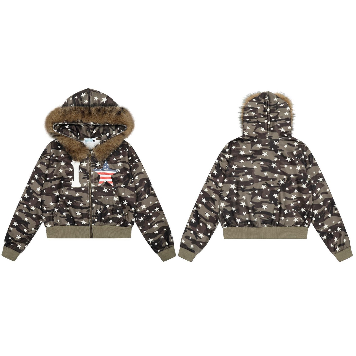 Camouflage star fur collar hooded sweatshirt short hoodie jacket