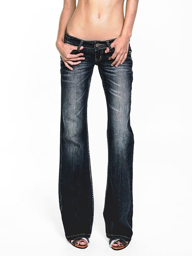 Y2K retro ultra-low waist flared jeans, streetwear slim fit fashion commuting pants, ins trend