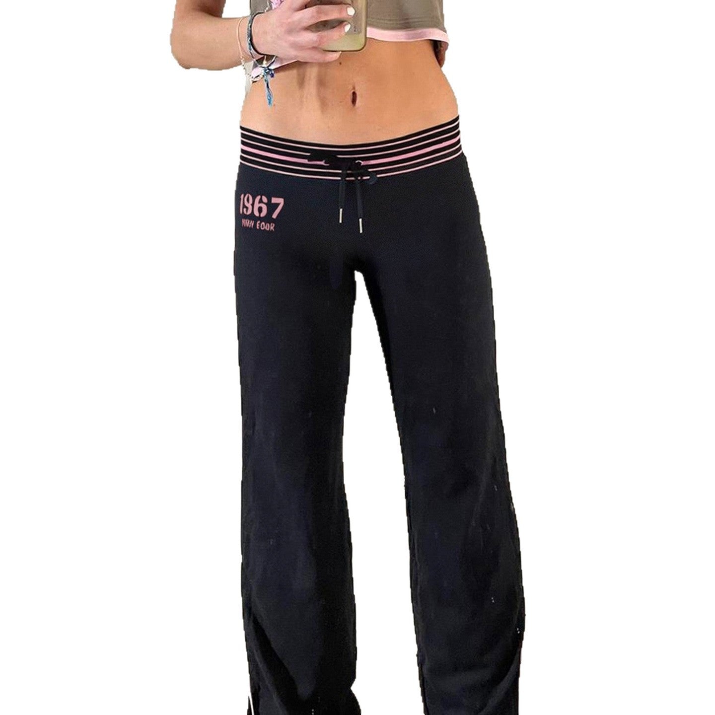 Loose Fit Drawstring Stripe Relaxed Pants Low Waist Wide Leg Tapered Long Pants