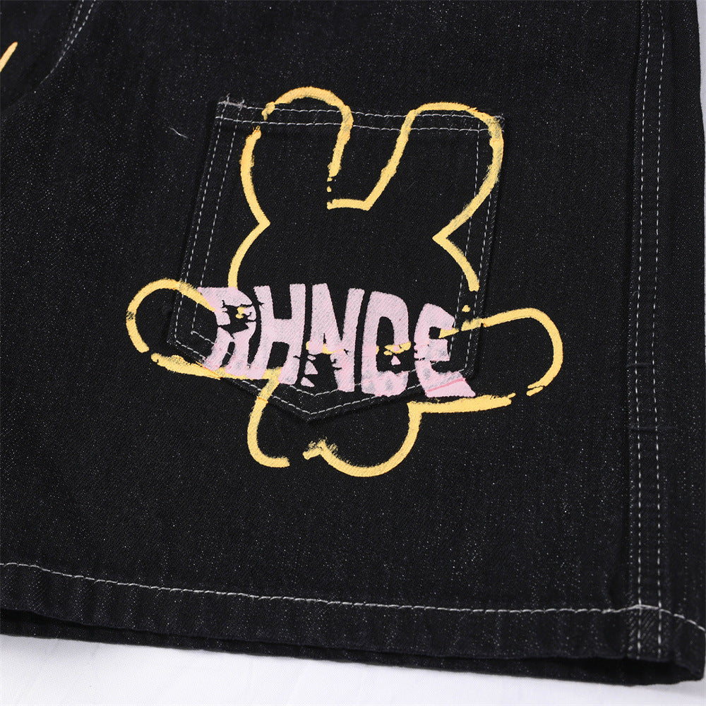 Letter graffiti printed denim shorts