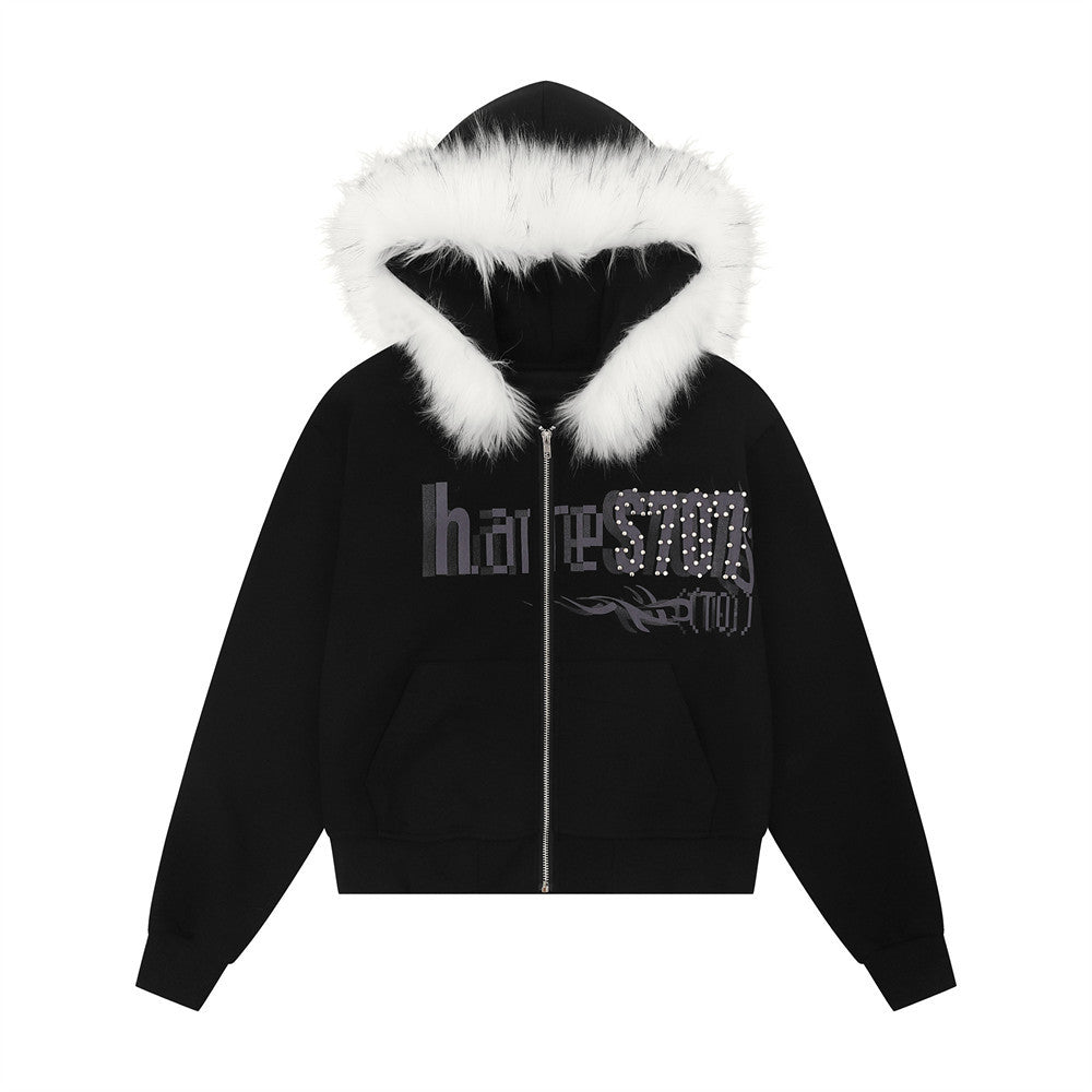 Hoodie with Detachable Fur Collar Letter Print with Rivet Decoration