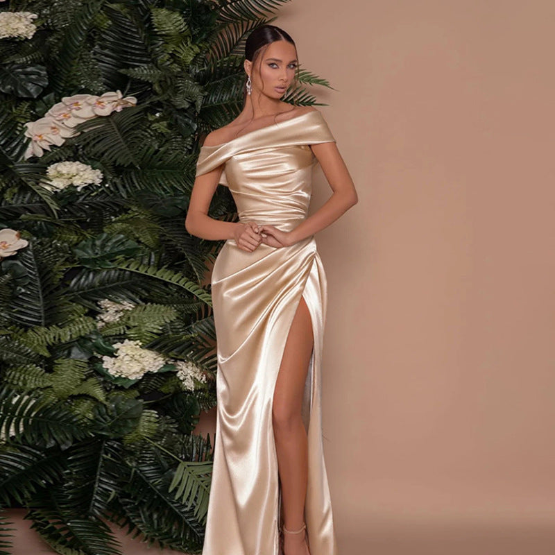 Silk one shoulder dress with slit dress for women