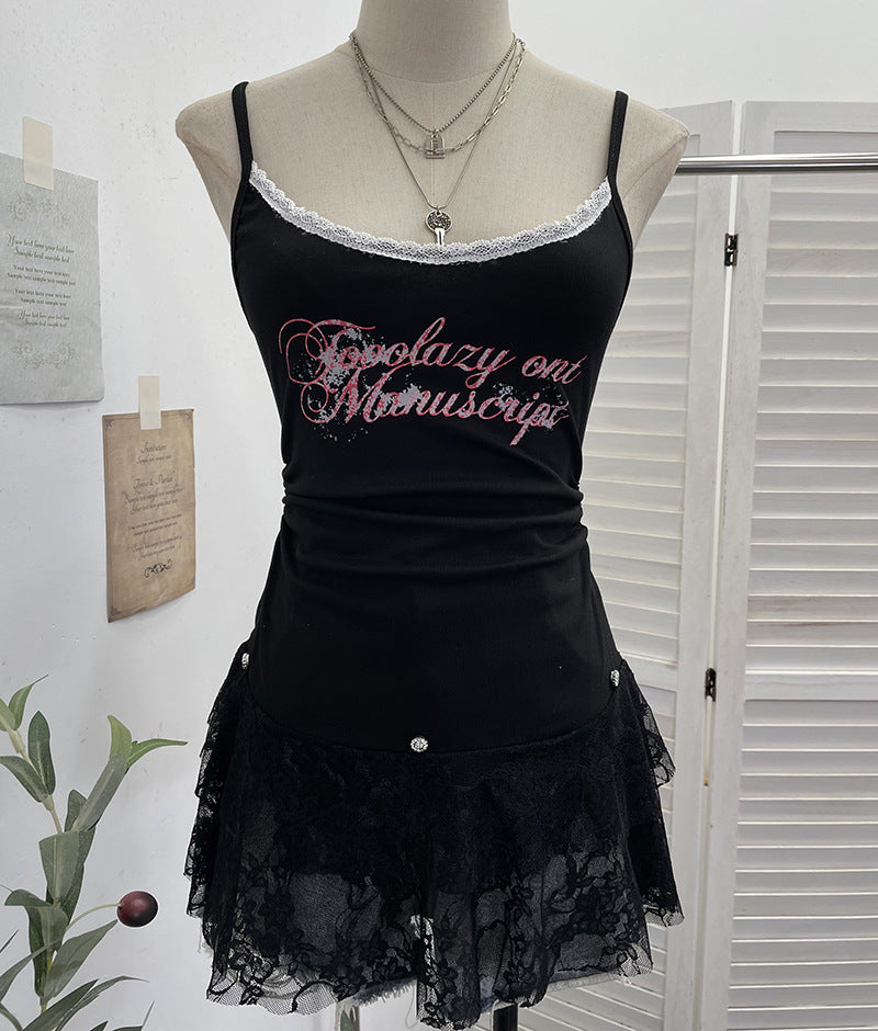 Top sin mangas plisado con retazos de encaje