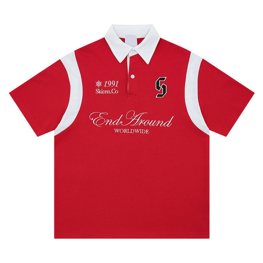 Polo de manga corta con bloques de color y diseño retro, rejilla transpirable