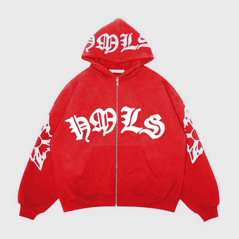 Sudadera con capucha y cremallera, letras góticas estampadas, sudadera oversize
