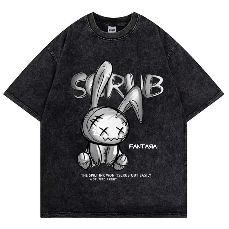 Camiseta Streetwear Hip Hop Estampado Gótico Oscuro Algodón Lavado Vintage Desgastado Manga Corta Top