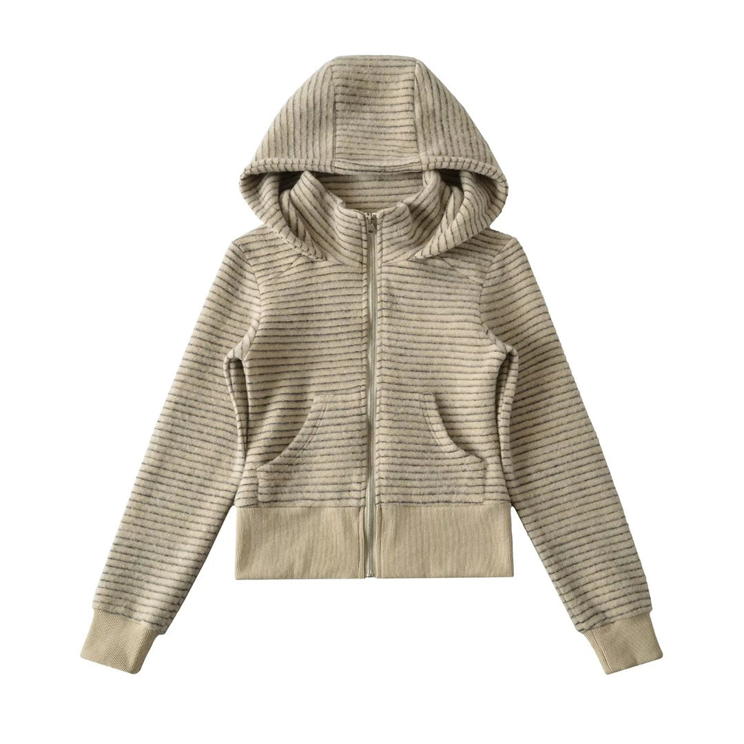 Retro Stripe Hooded Zip-Up Jacket for Women, Fuzzy Pocket, Stretchy Slim Fit Cardigan Top