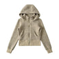 Retro Stripe Hooded Zip-Up Jacket for Women, Fuzzy Pocket, Stretchy Slim Fit Cardigan Top