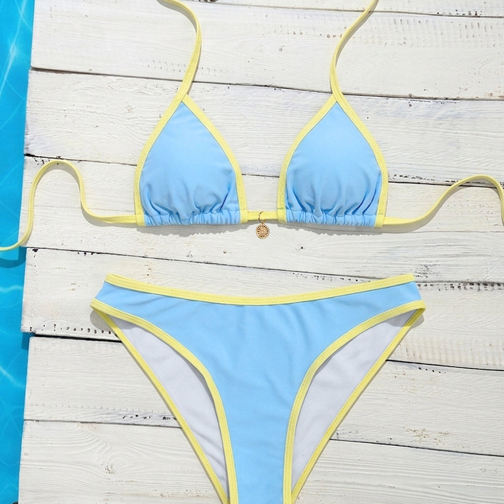 Light blue triangle cup low waist triangle pants bikini women