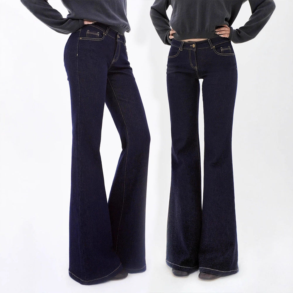 Low-Waist Original Color Straight Leg Flared Denim Jeans with Stretch,  Waist-Defining Long Pants