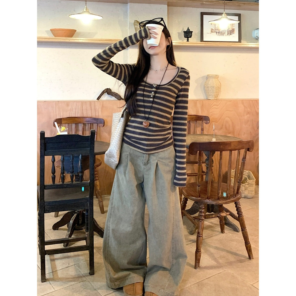 Cashmere Ribbed Henley Neck Buttoned Long Sleeve T-Shirt