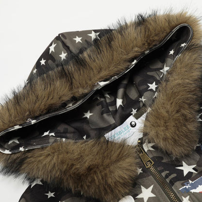 Camouflage star fur collar hooded sweatshirt short hoodie jacket