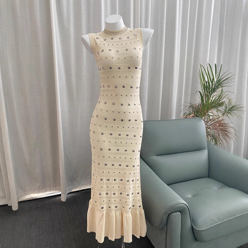 Blue Yinying Style S Brand French Classic Hepburn Style Embellished Stud Ruffle Hem Dress Evening Gown