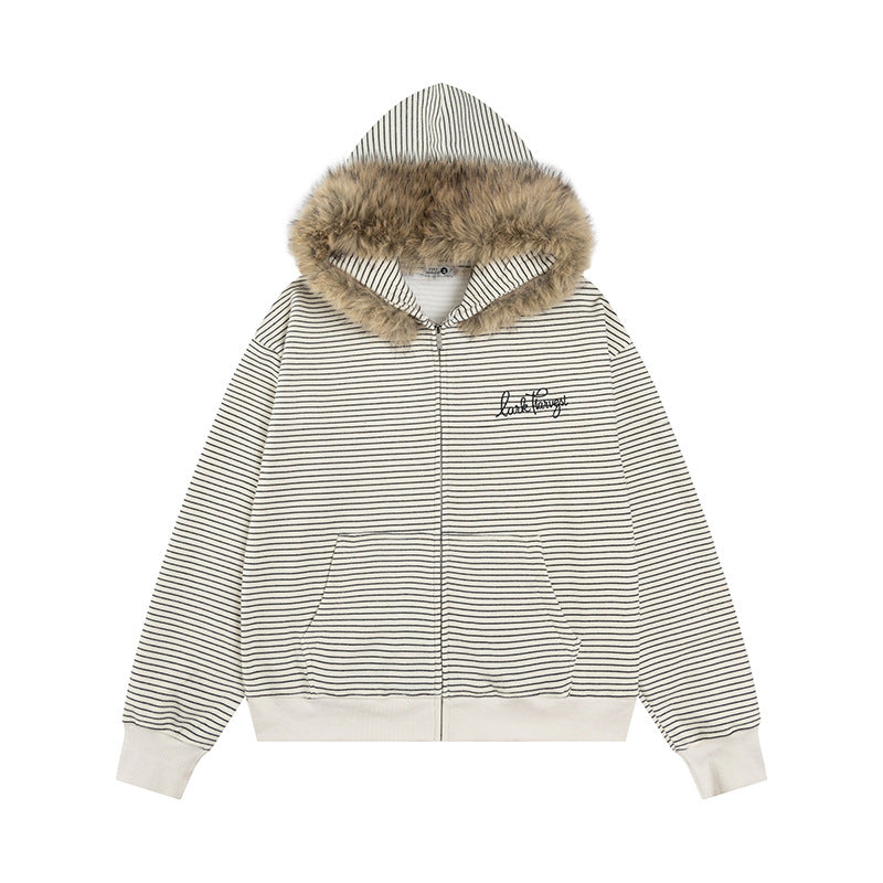 Stripe Detachable Fur Collar Zip-Up Hoodie, Couple Hooded Sweatshirt