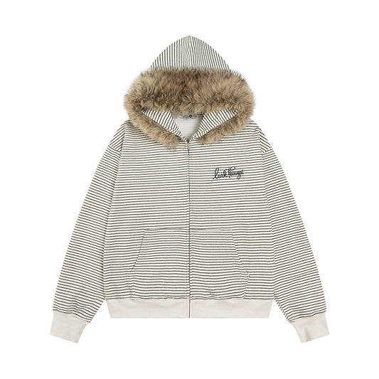 Stripe Detachable Fur Collar Zip-Up Hoodie, Couple Hooded Sweatshirt