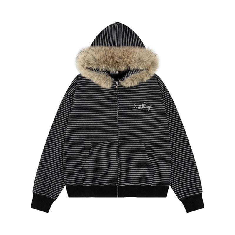 Sudadera con capucha y cremallera con cuello de piel desmontable a rayas, sudadera con capucha para pareja