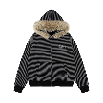 Sudadera con capucha y cremallera con cuello de piel desmontable a rayas, sudadera con capucha para pareja