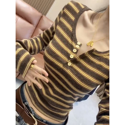 Cashmere Ribbed Henley Neck Buttoned Long Sleeve T-Shirt