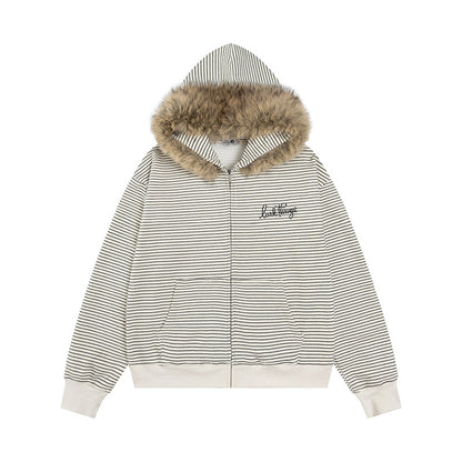 Sudadera con capucha y cremallera con cuello de piel desmontable a rayas, sudadera con capucha para pareja