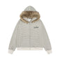Sudadera con capucha y cremallera con cuello de piel desmontable a rayas, sudadera con capucha para pareja