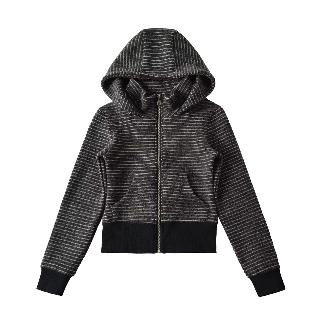 Retro Stripe Hooded Zip-Up Jacket for Women, Fuzzy Pocket, Stretchy Slim Fit Cardigan Top