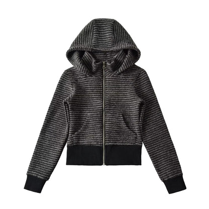 Retro Stripe Hooded Zip-Up Jacket for Women, Fuzzy Pocket, Stretchy Slim Fit Cardigan Top
