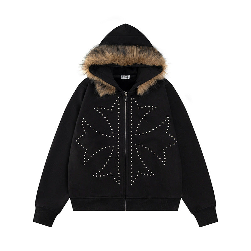 Rivet Fur Collar Hoodie Women's Retro Loose Casual Straight Shoulder Jacket