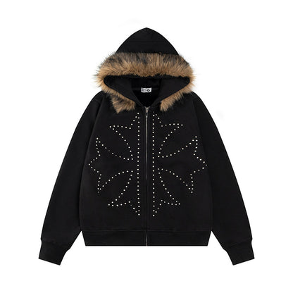 Rivet Fur Collar Hoodie Women's Retro Loose Casual Straight Shoulder Jacket