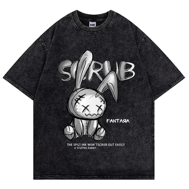 Streetwear Hip Hop Dark Gothic Print T-Shirt Summer Cotton Washed Vintage Distressed Short Sleeve Top