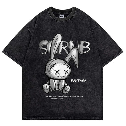 Camiseta Streetwear Hip Hop Estampado Gótico Oscuro Algodón Lavado Vintage Desgastado Manga Corta Top