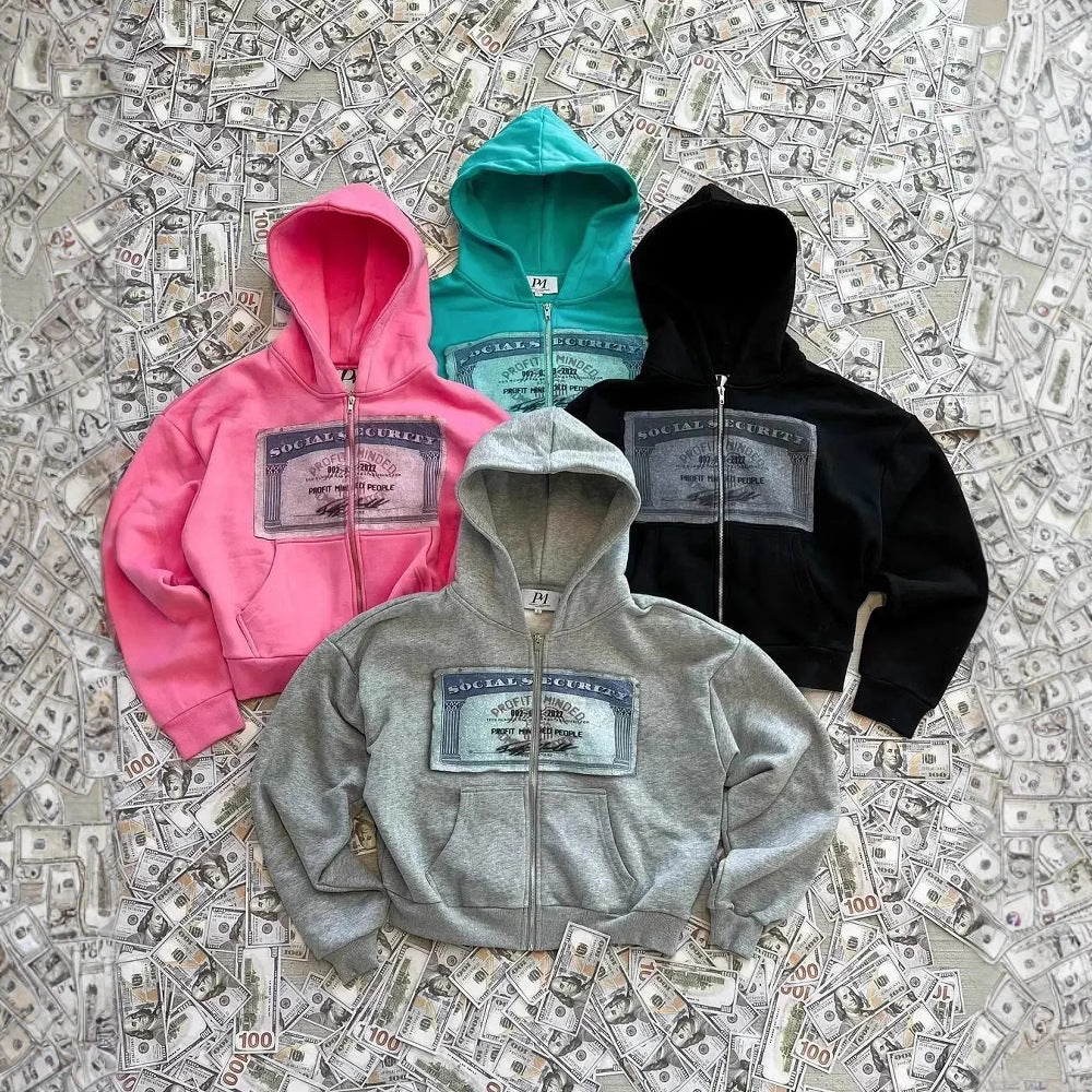 Sudadera con capucha estilo streetwear con estampado de dinero, suelta y con cremallera