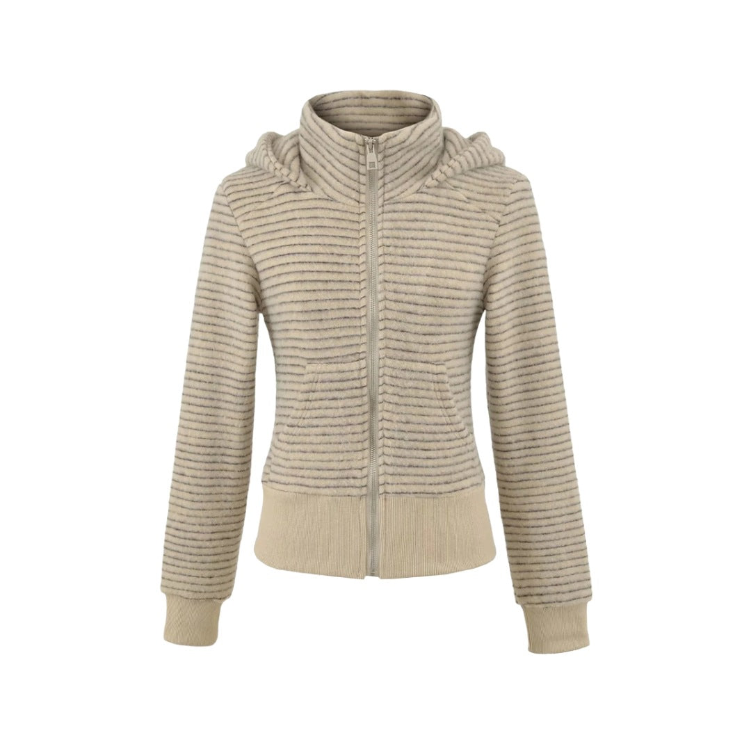 Retro Stripe Hooded Zip-Up Jacket for Women, Fuzzy Pocket, Stretchy Slim Fit Cardigan Top