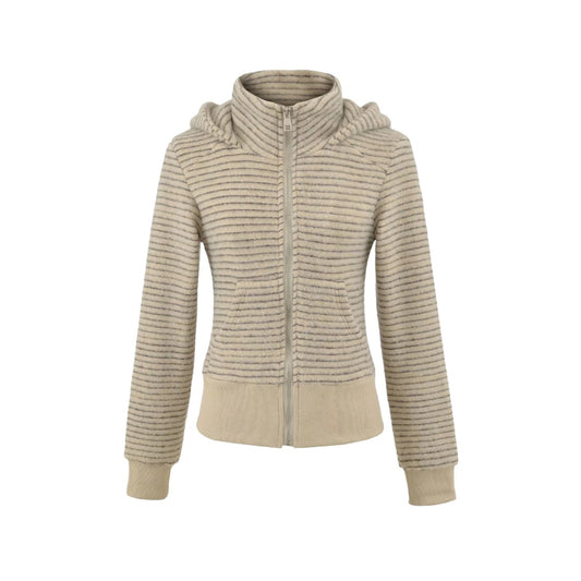 Retro Stripe Hooded Zip-Up Jacket for Women, Fuzzy Pocket, Stretchy Slim Fit Cardigan Top