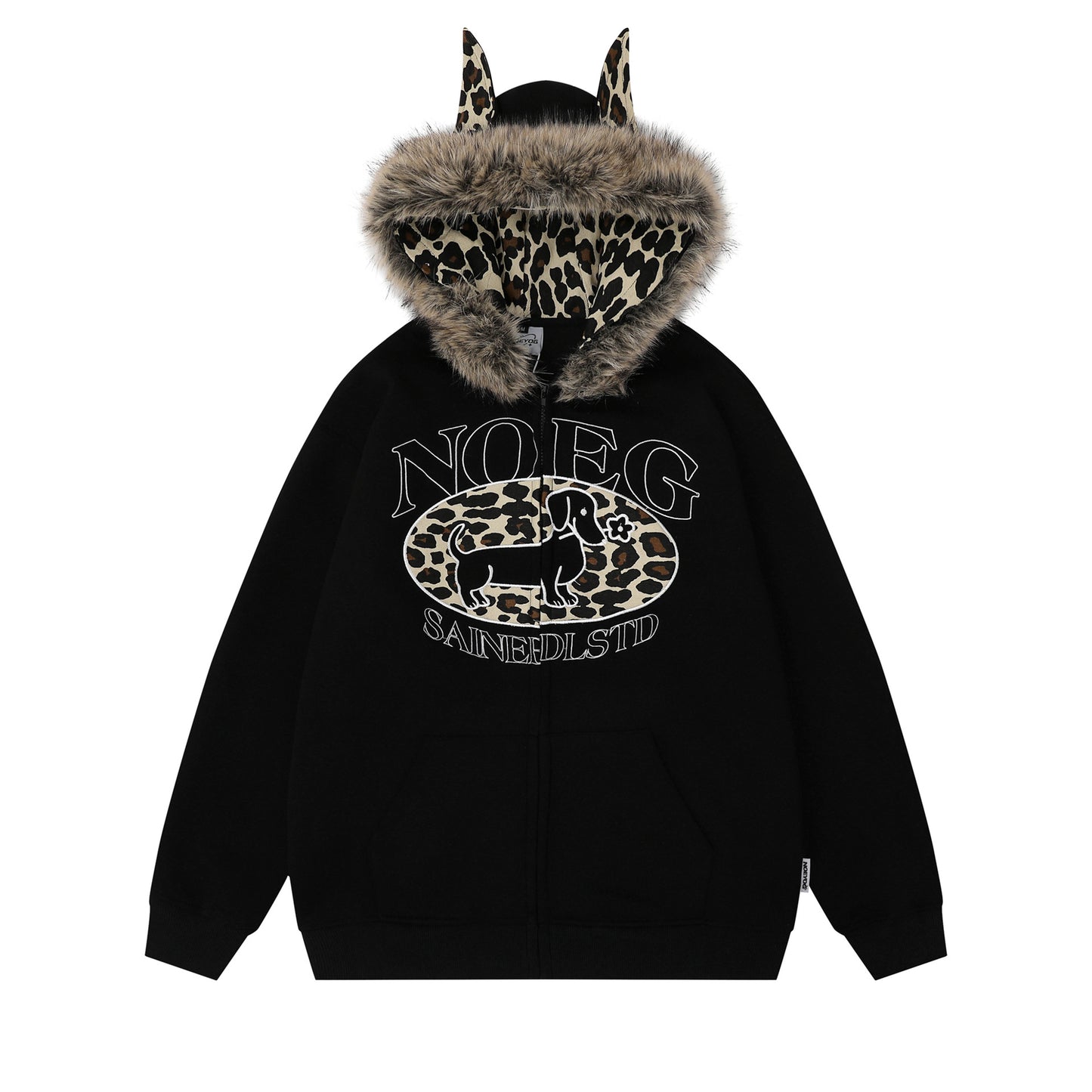Print Letter Embroidery Faux Fur Hooded Zip-Up Hoodie Sweatshirt