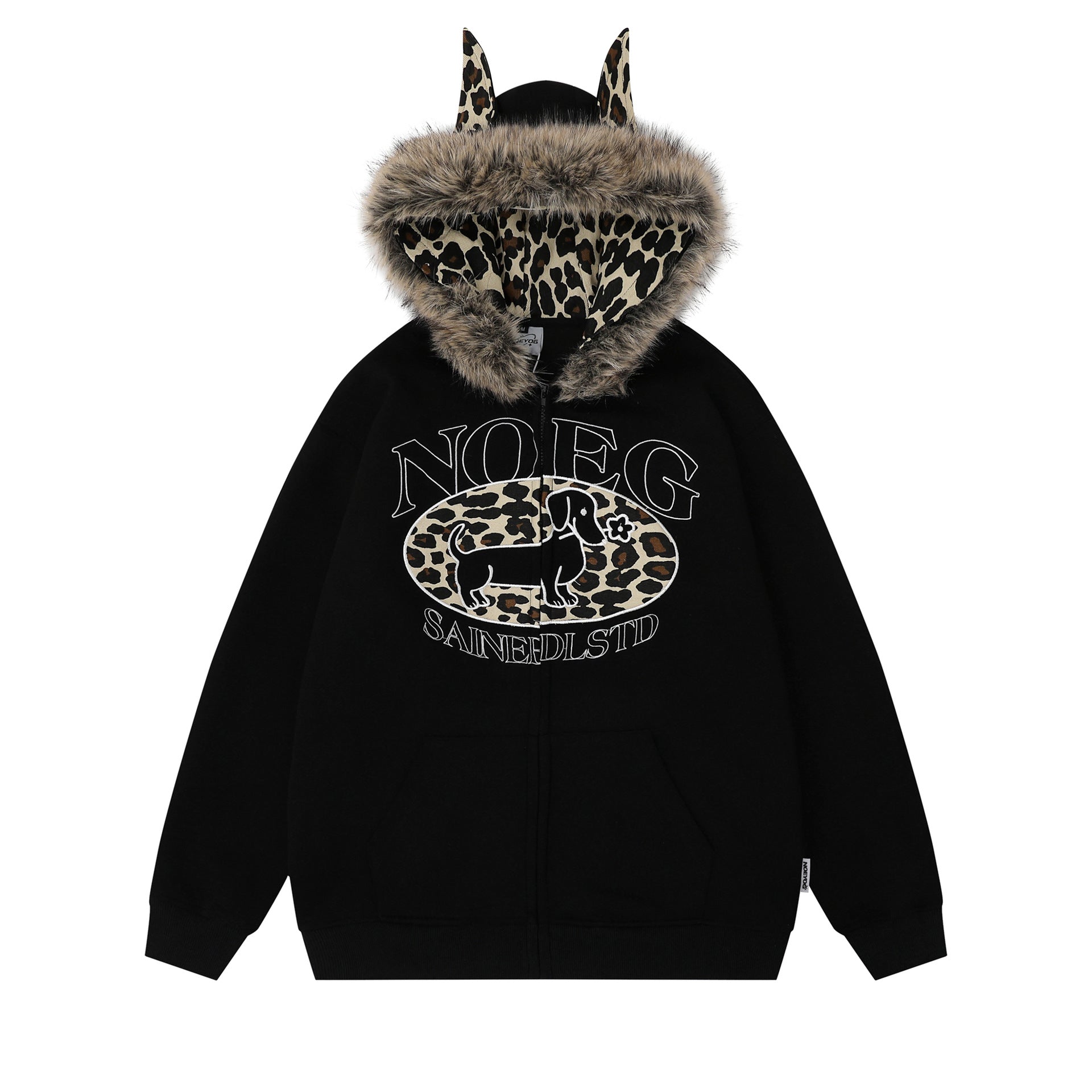 Print Letter Embroidery Faux Fur Hooded Zip-Up Hoodie Sweatshirt