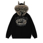 Print Letter Embroidery Faux Fur Hooded Zip-Up Hoodie Sweatshirt