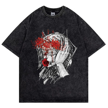 Camiseta Streetwear Hip Hop Estampado Gótico Oscuro Algodón Lavado Vintage Desgastado Manga Corta Top