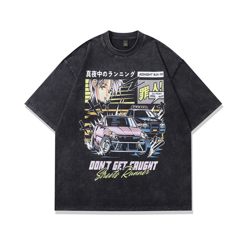 Anime Print Vintage Oversized Washed Cotton Short Sleeve T-Shirt Unisex