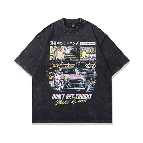 Anime Print Vintage Oversized Washed Cotton Short Sleeve T-Shirt Unisex