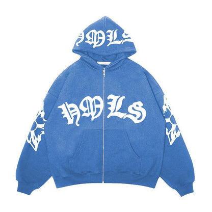 Sudadera con capucha y cremallera, letras góticas estampadas, sudadera con capucha oversize
