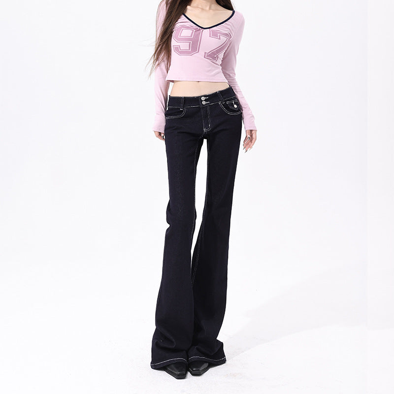 Style Deep Blue Flared Jeans Women Low Waist Slim Fit Stretchy Flared Pants