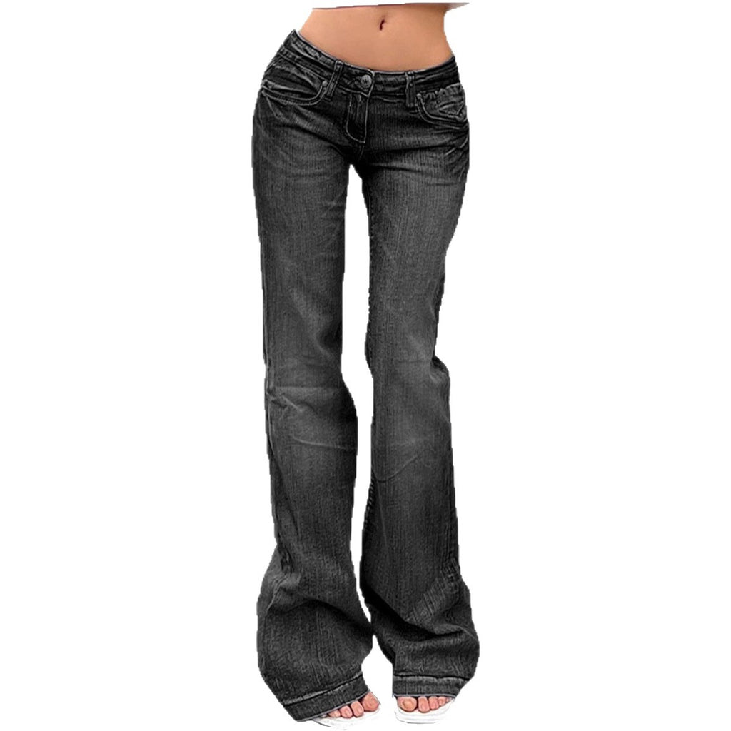 Street Style Low-Waist Flared Jeans, Slim Fit Stretch Denim Pants Long Pants