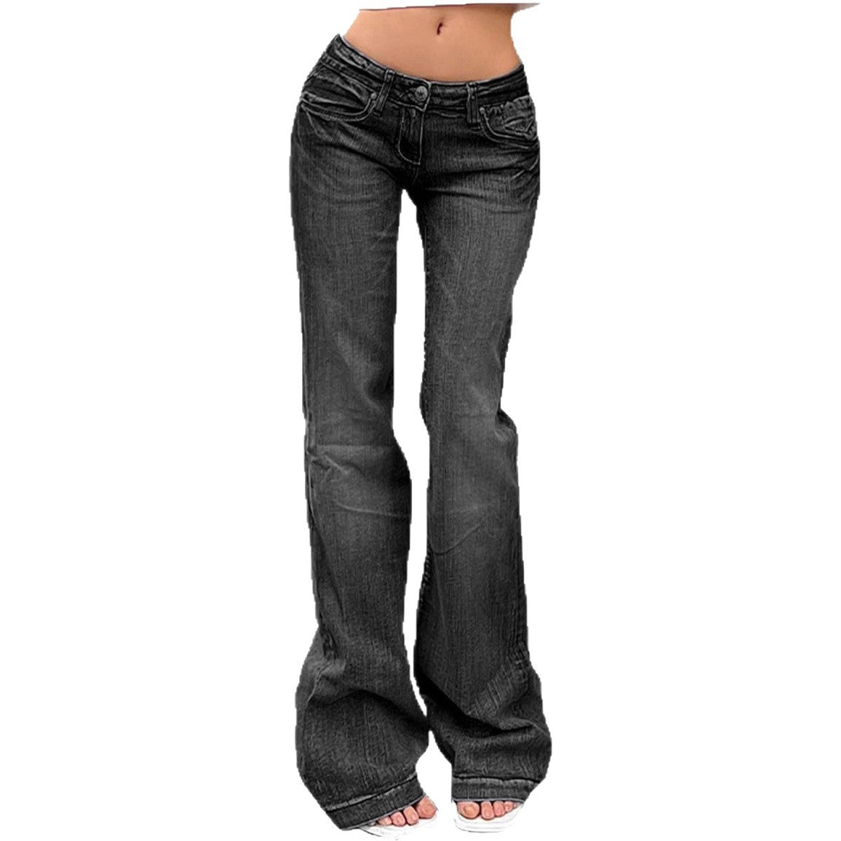 Street Style Low-Waist Flared Jeans, Slim Fit Stretch Denim Pants Long Pants