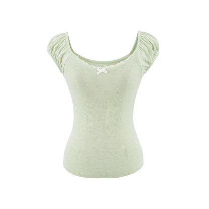 Butterfly Lace Knit T-Back Vest Women  Sweet Short Sleeve Off-Shoulder Top Slim Fit Cropped Babydoll Shirt
