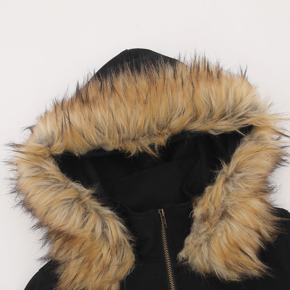 Letter Embroidery Detachable Fur Collar Hoodie  Deconstructed Design Loose Outerwear