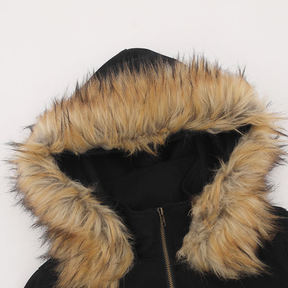 Letter Embroidery Detachable Fur Collar Hoodie  Deconstructed Design Loose Outerwear