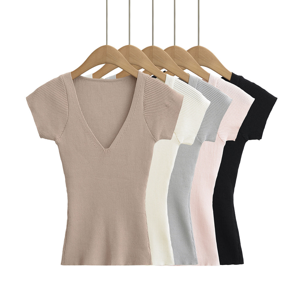 Deep V-Neck Short Sleeve Elastic Waist Slim Knit Top
