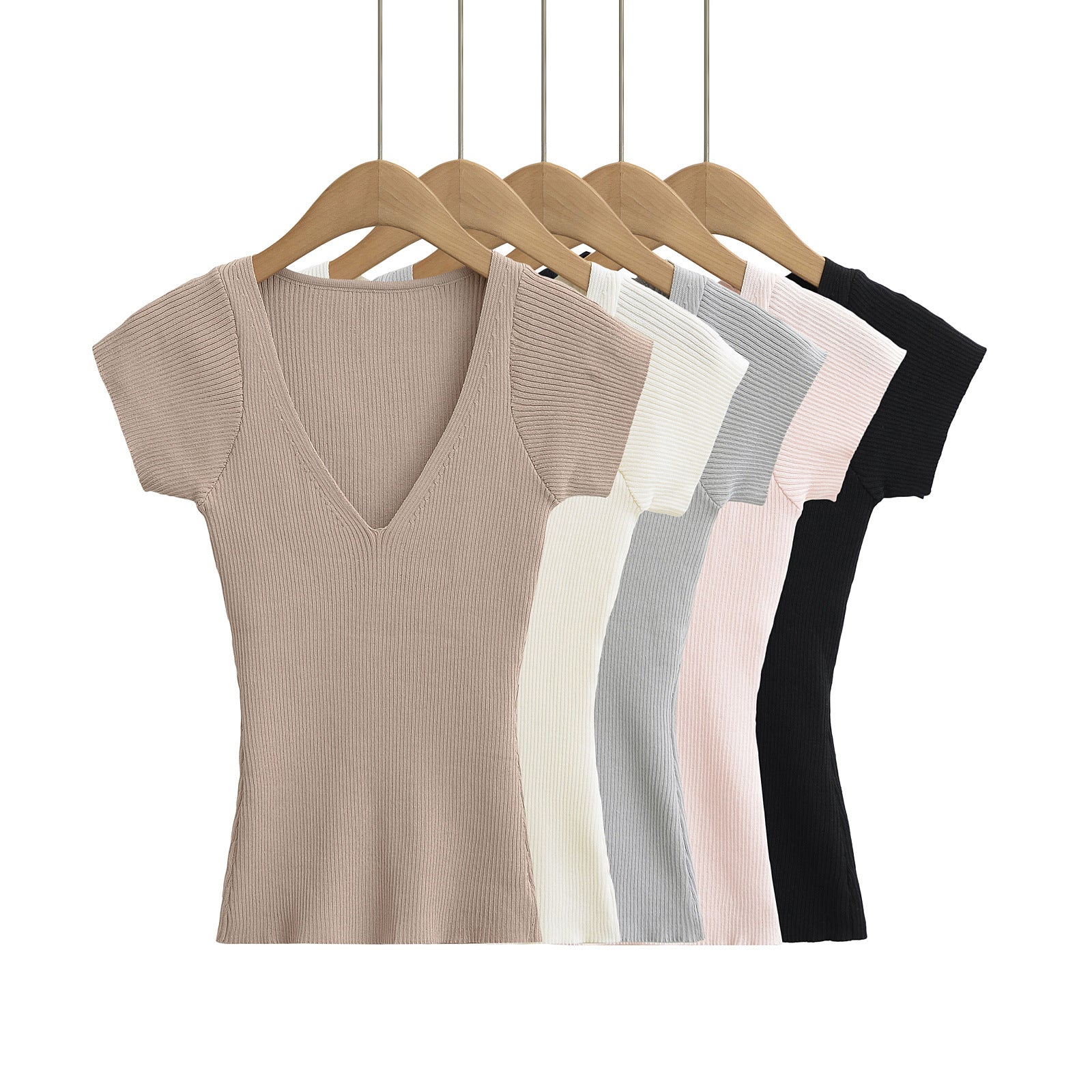 Deep V-Neck Short Sleeve Elastic Waist Slim Knit Top