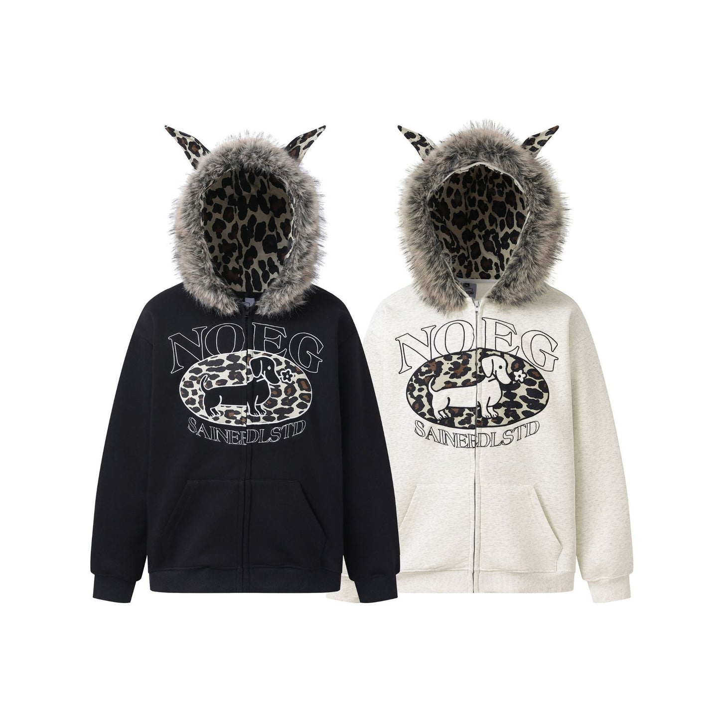 Print Letter Embroidery Faux Fur Hooded Zip-Up Hoodie Sweatshirt