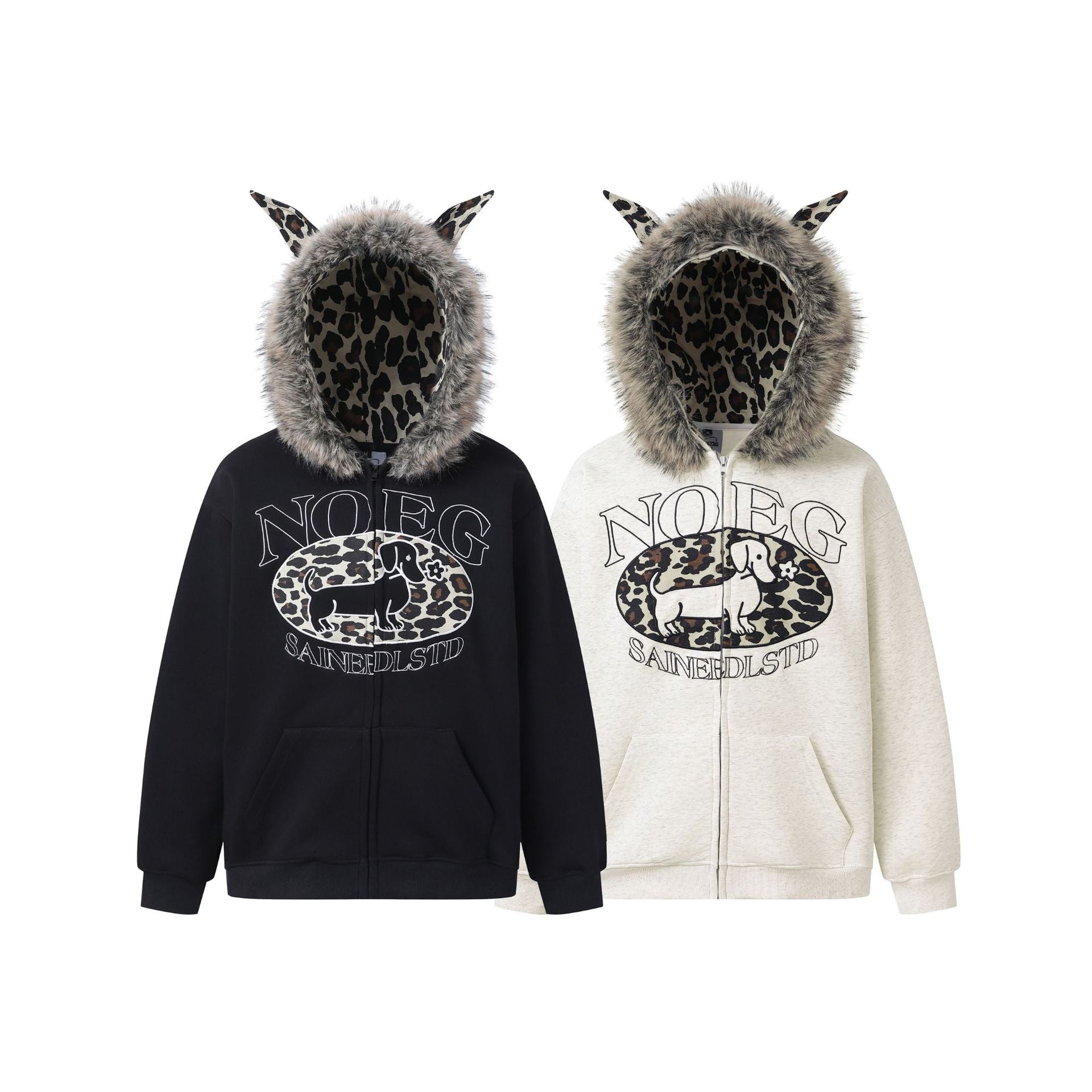 Print Letter Embroidery Faux Fur Hooded Zip-Up Hoodie Sweatshirt